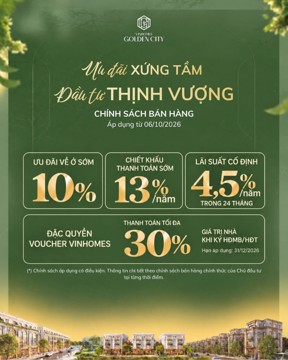 Phân tích chi tiết dòng tiền theo chính sách bán hàng tại Vinhomes Golden City T10/2026